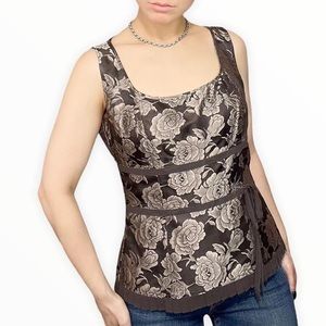 ANN TAYLOR corset style brown rose floral embroidered sleeveless top size 6